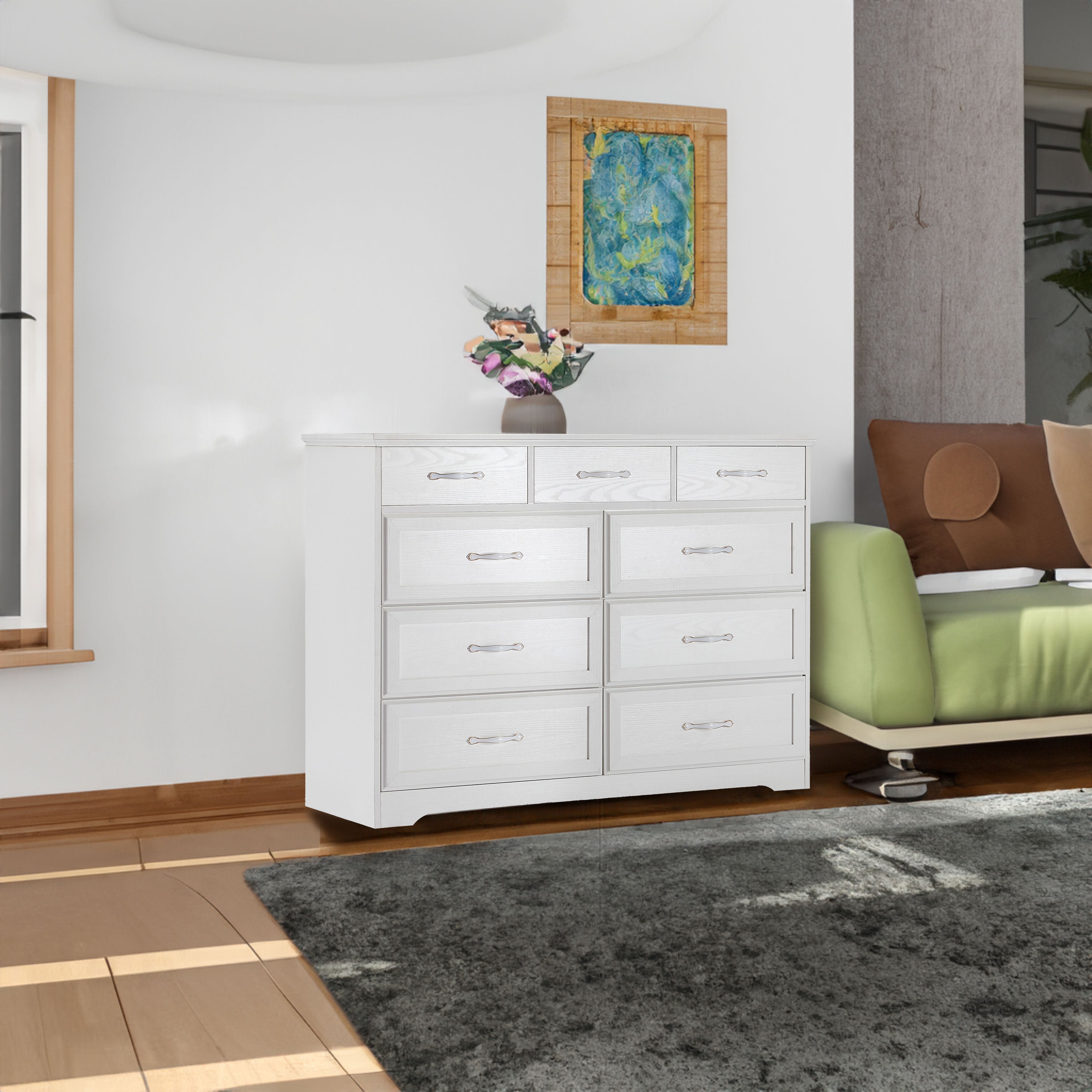 Bedroom dresser 9 drawer long dresser with antique handles wood chest of drawers for kids room 47.56''W x 15.75''D x 34.45''H