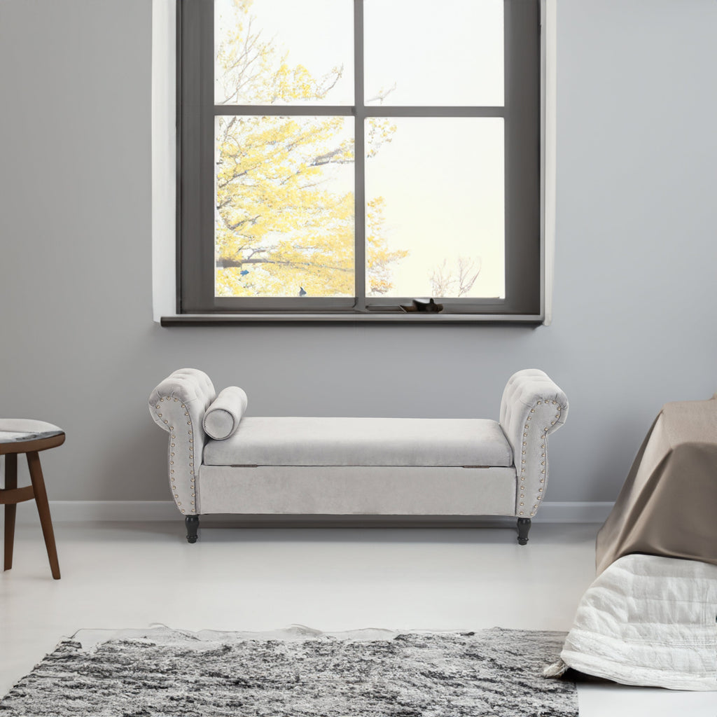 Velvet Multifunctional Storage Rectangular ottoman bench with 1 Pillow, grey