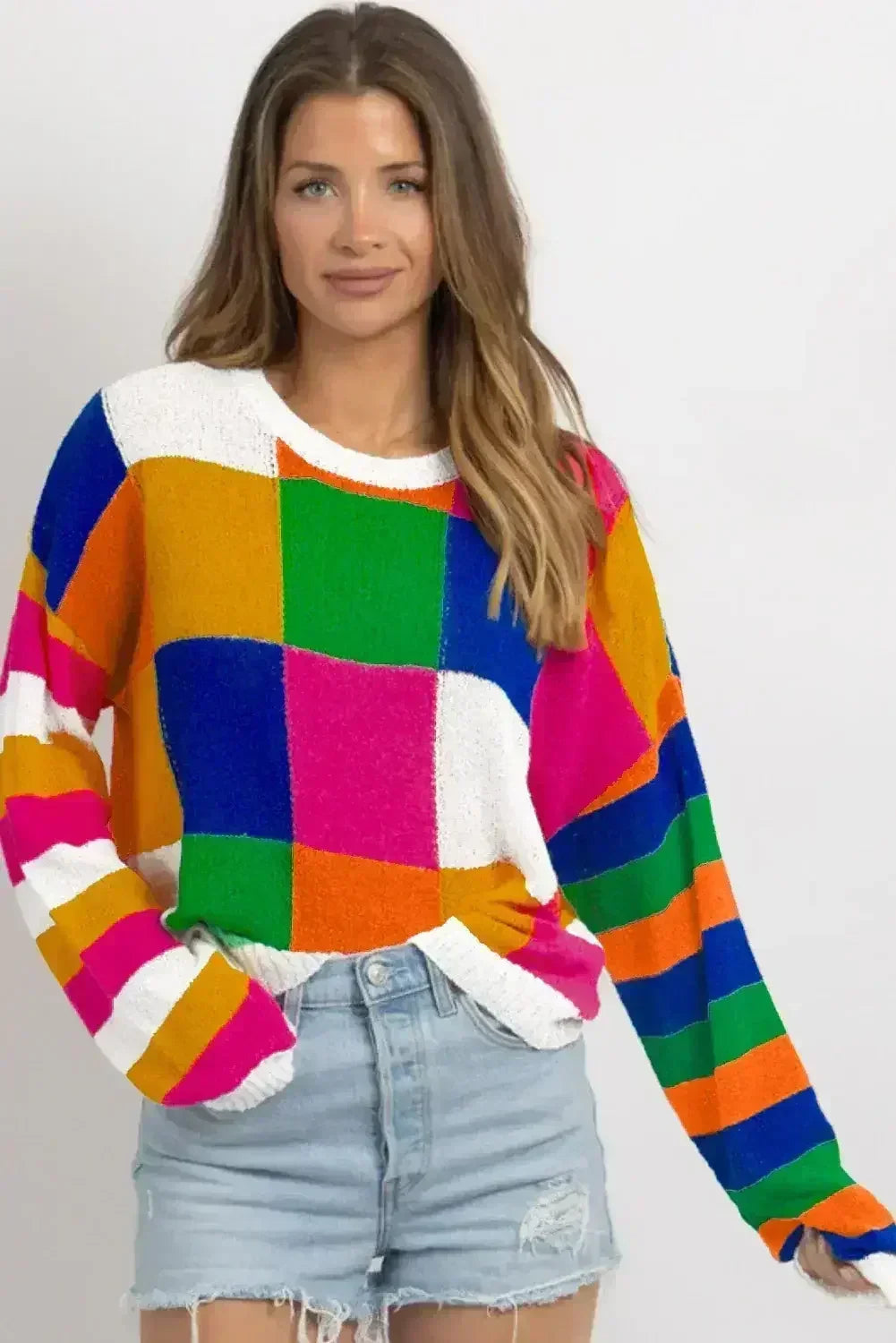 Orange Checkered Color Block Round Neck Loose Sweater