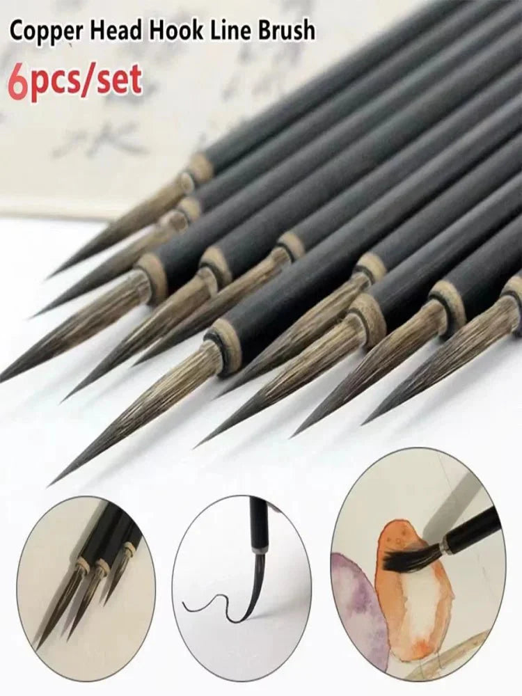 6-Piece Chinese Calligraphy Brush Set | Traditional Weasel, Mouse Whisker, and Stone Badger Hair Painting Pens with Bamboo Handles
