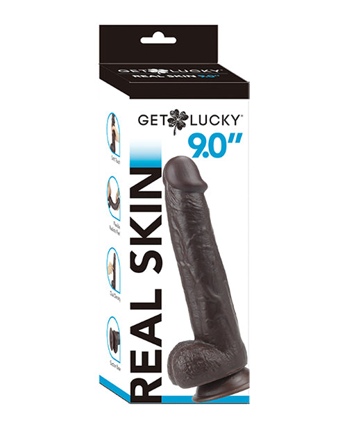 Get Lucky 9" Real Skin Dildo - Dark Brown