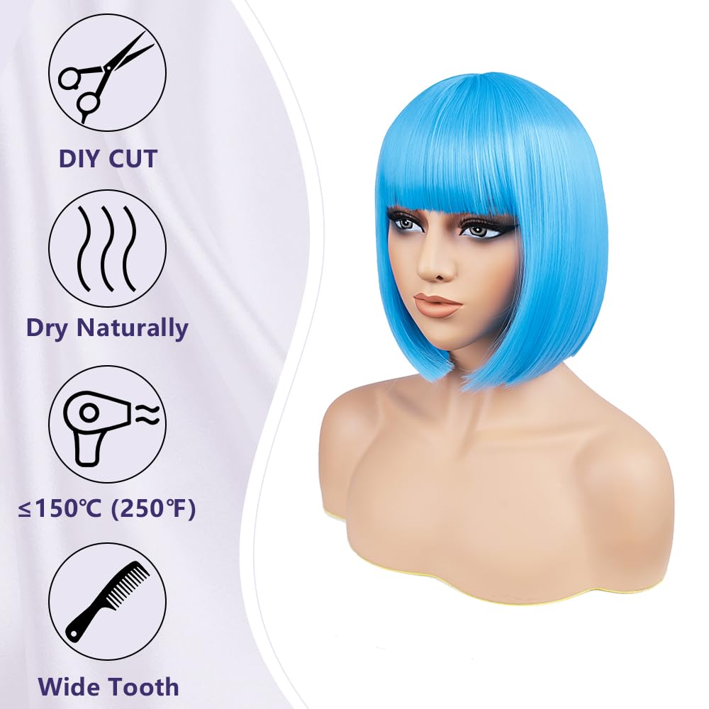 BATISI 12in Short Straight Bob Wig Neon Blue Synthetic Flat Bangs