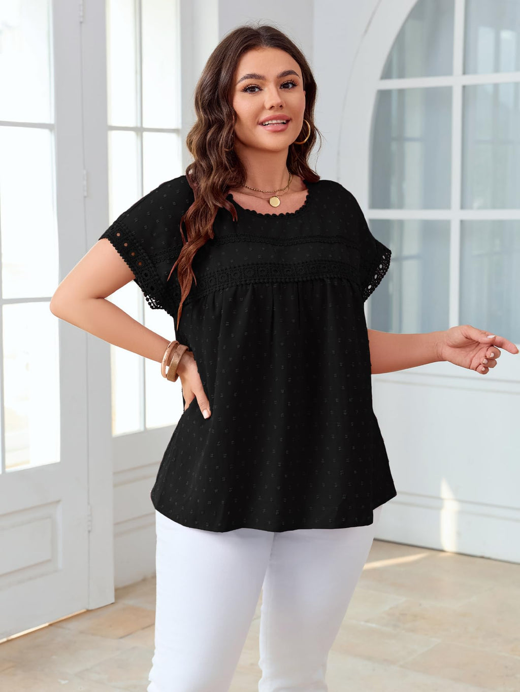 SHESTARR Women's Plus Size Crewneck Lace Crochet Short Sleeve Top Black XL Plus
