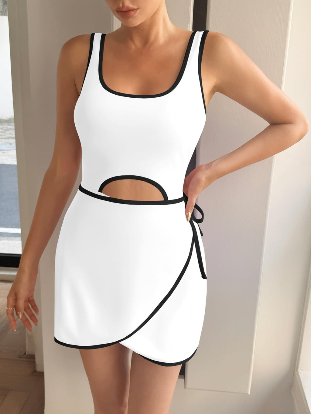 Fisoew Womens Workout Tennis Dress Built-in Shorts Bra Sleeveless White Size L