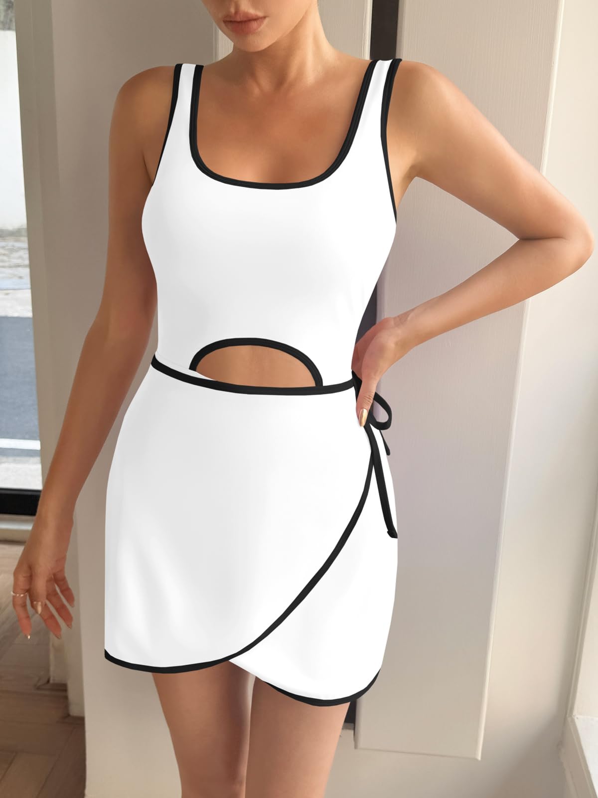 Fisoew Womens Workout Tennis Dress Built-in Shorts Bra Sleeveless White Size L