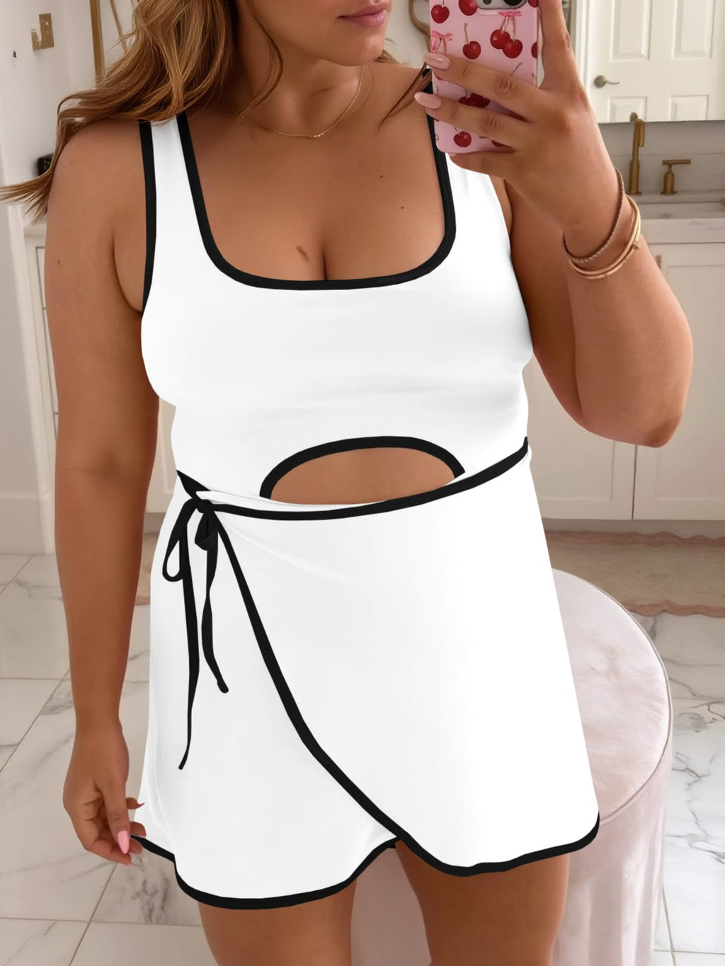 Fisoew Womens Workout Tennis Dress Built-in Shorts Bra Sleeveless White Size L
