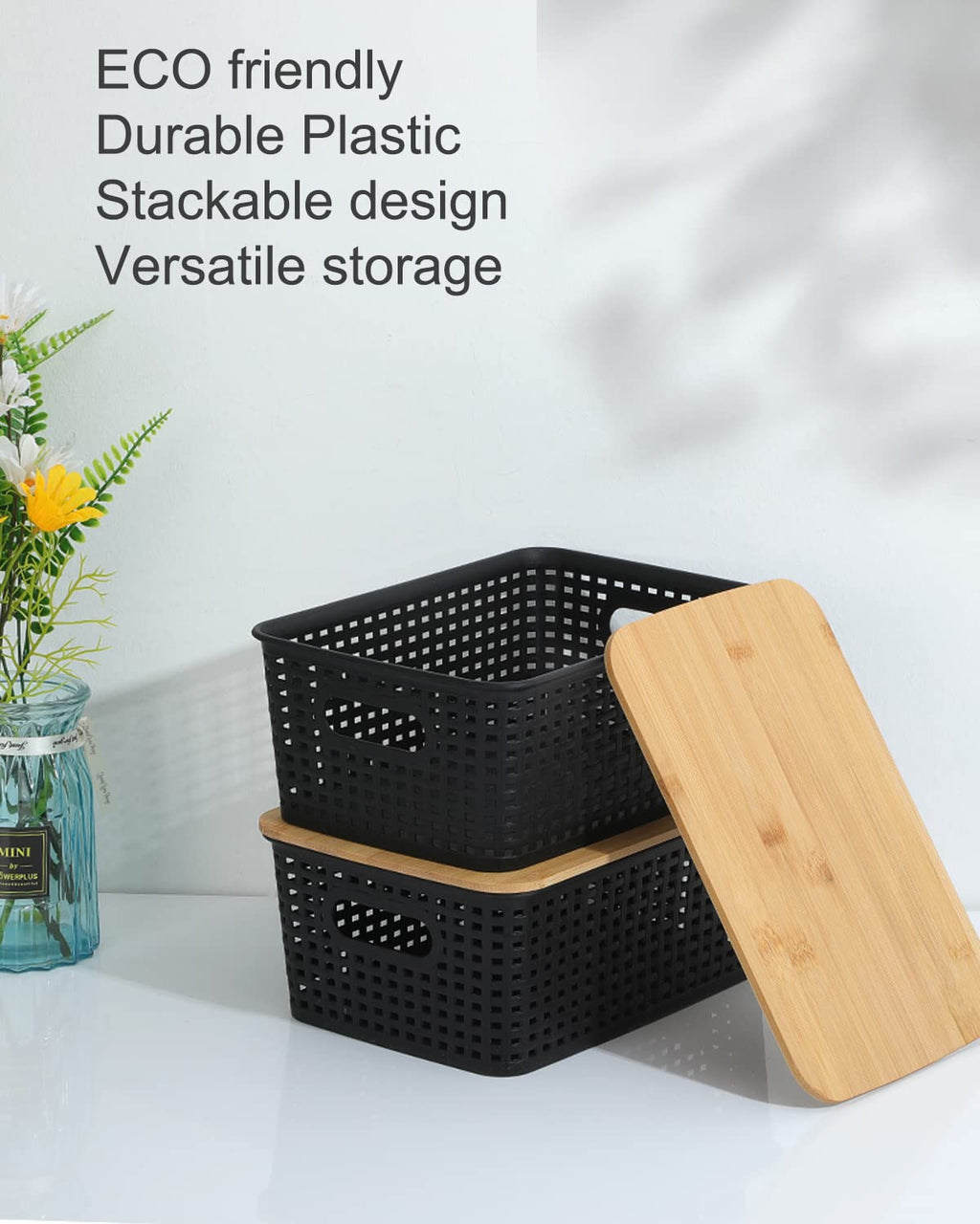 AREYZIN Storage Bins with Bamboo Lids Set of 6 Black Plastic Organizer