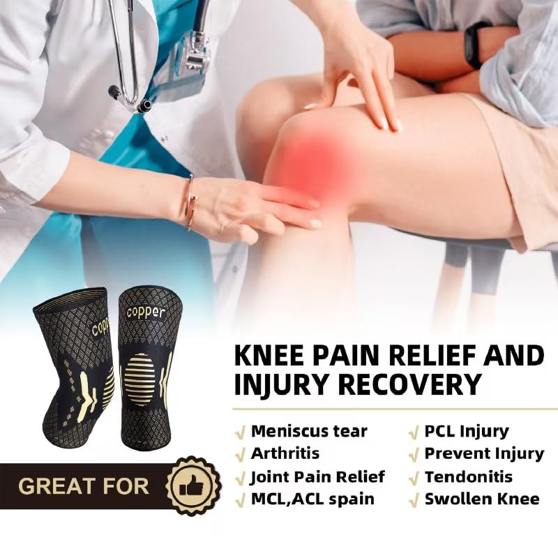 Lusenone Copper Knee Brace Compression Sleeve 2 Pack Copper-Black Size XL