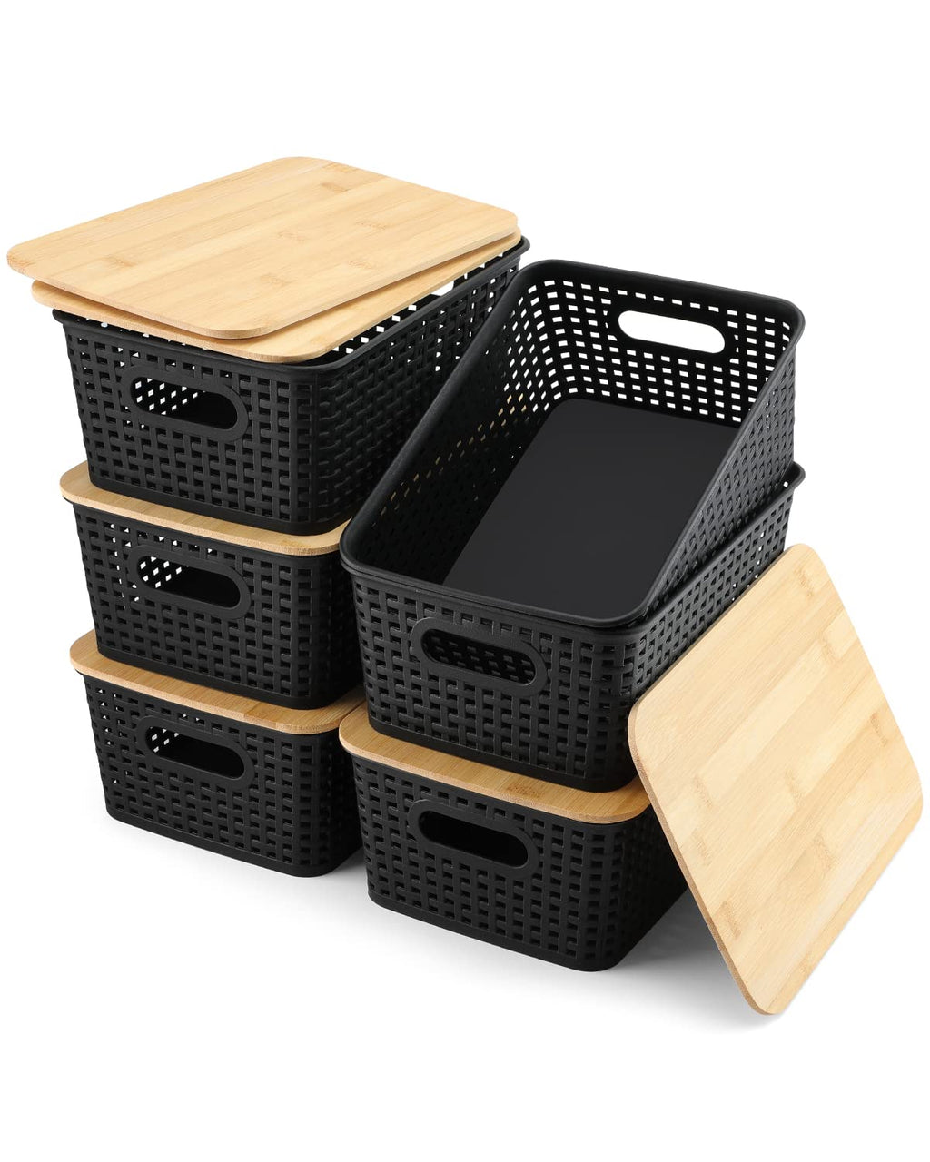 AREYZIN Storage Bins with Bamboo Lids Set of 6 Black Plastic Organizer