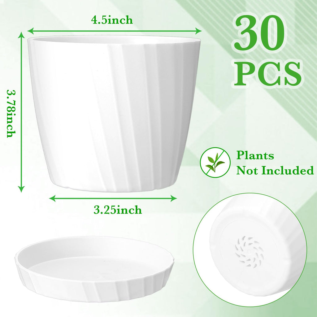 Layhit 30 Pcs 4.5 Inch White Plastic Plant Pots with Drainage Holes & Saucers