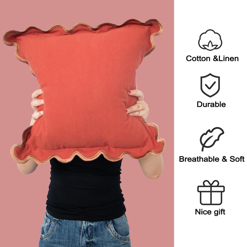 MIKI WELL 16x16in Scalloped Cotton Linen Pillow Covers Set of 2 Grayish Orange
