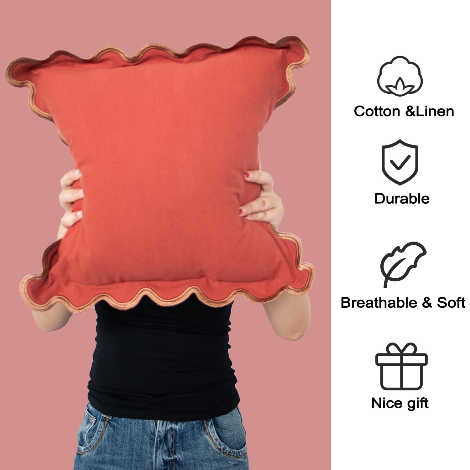MIKI WELL 16x16in Scalloped Cotton Linen Pillow Covers Set of 2 Grayish Orange