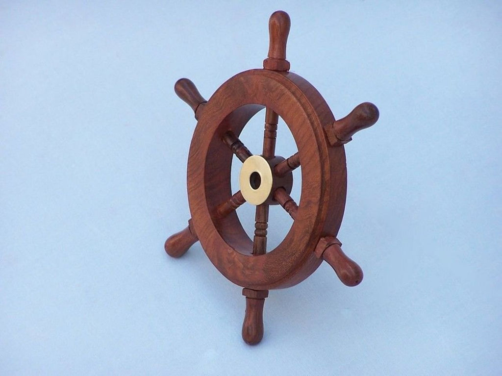 Hampton Nautical Deluxe Wood Brass Decorative Ship Wheel 6 Inch