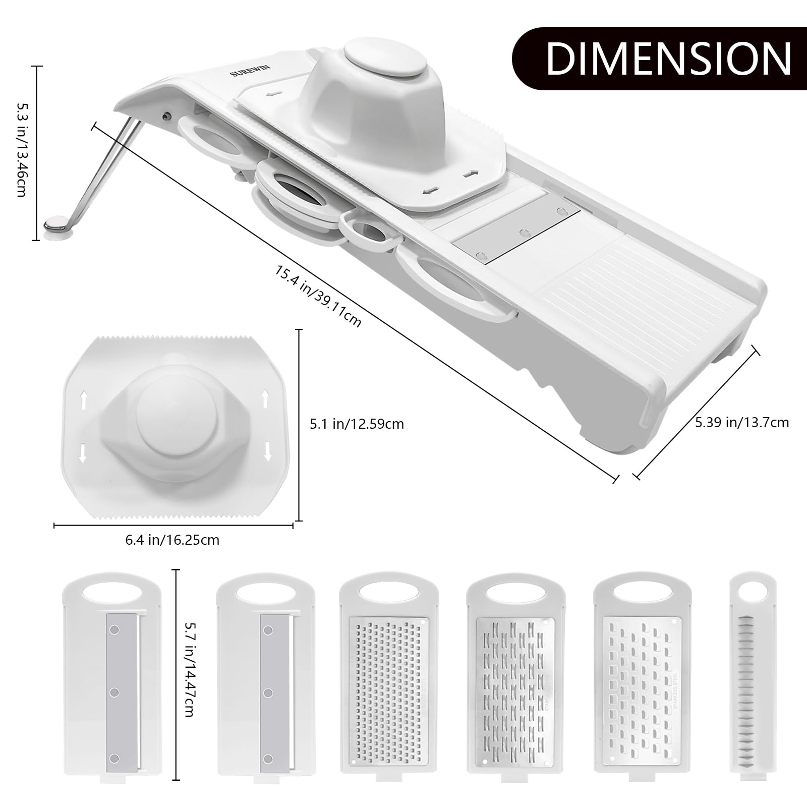 SUREWIN Mandoline Slicer Vegetable Chopper Fruit Cheese Grater 6 Blades White