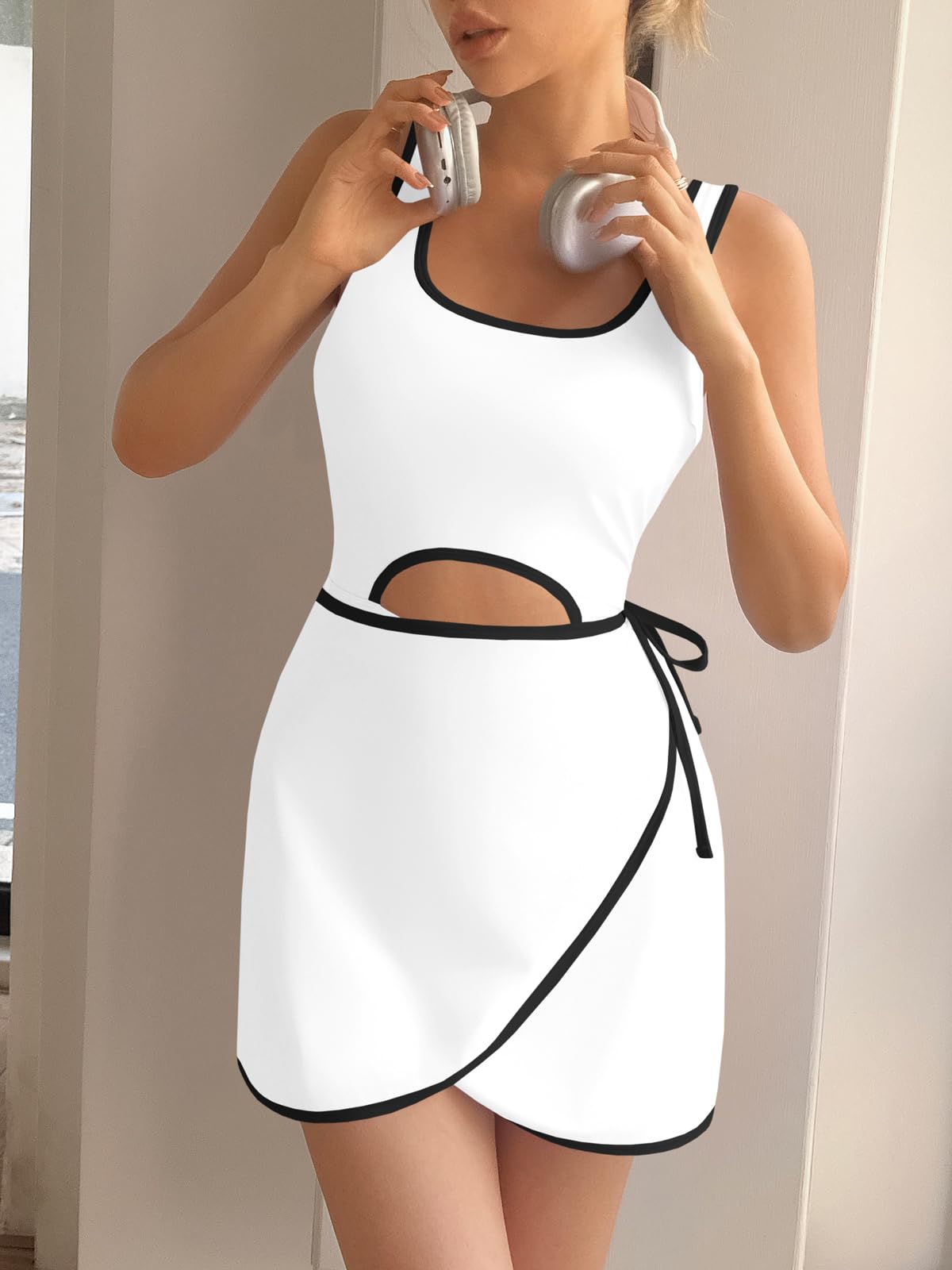 Fisoew Womens Workout Tennis Dress Built-in Shorts Bra Sleeveless White Size L