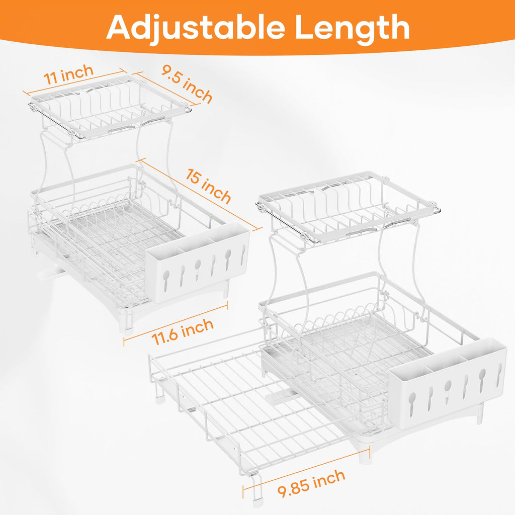 Gtyasm Extendable 2 Tier Dish Drying Rack Drainboard Cutlery Holder White Large