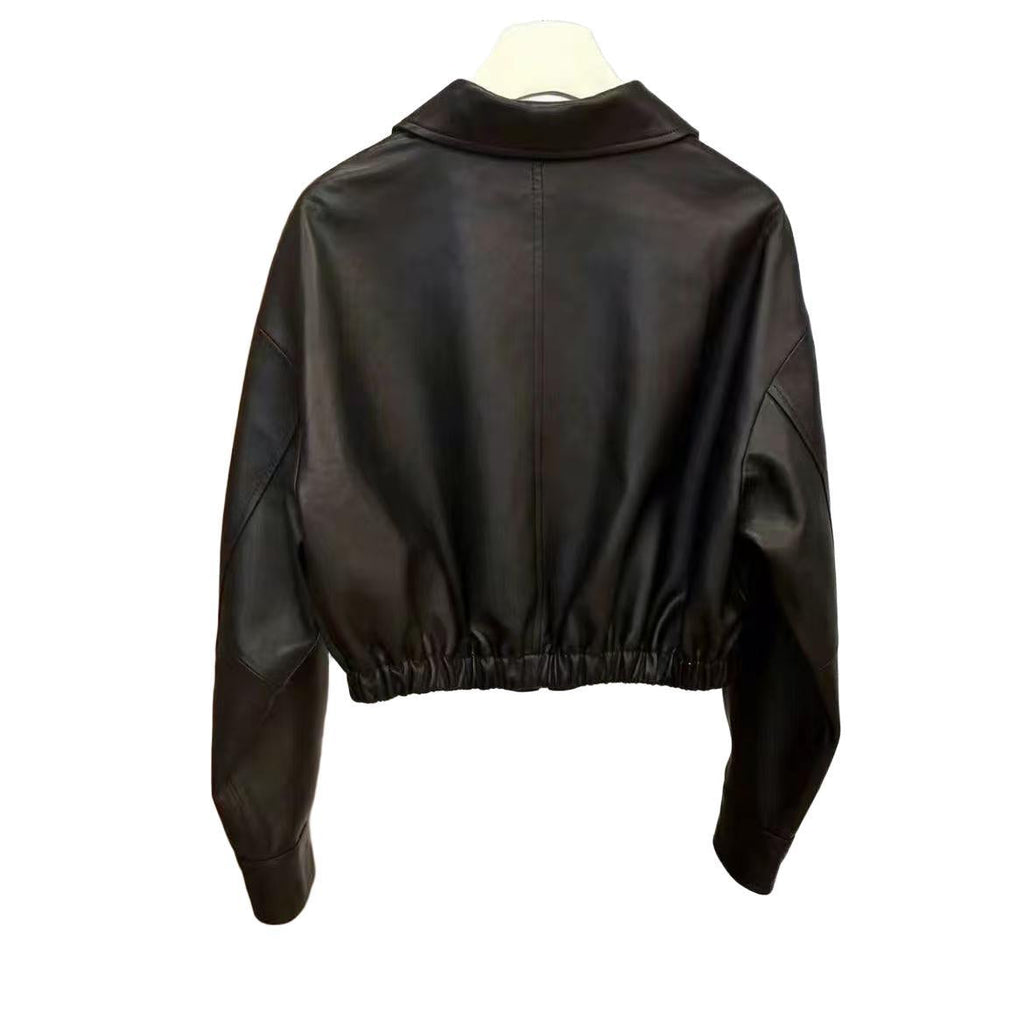 Black Soft Leather Spring And Autumn Coat Woman Square-neck Zip Leather Jacket