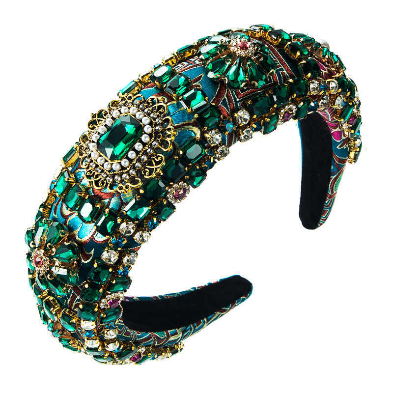 Hair Hoop Baroque Court Style Heavy Industry Full Drill Hoop Thickened Sponge Embroidery Wide-Brimmed Prom Hair Accessories