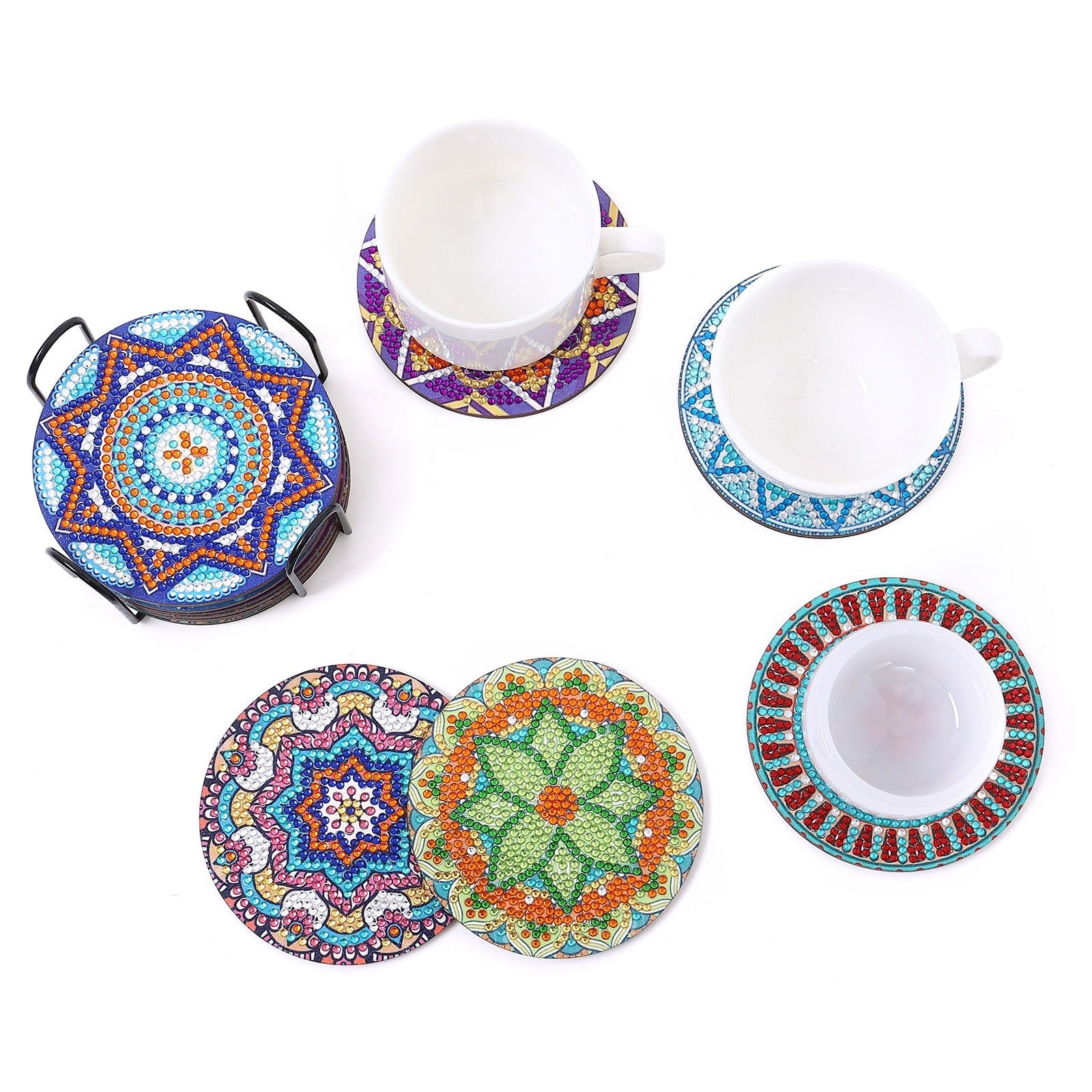 New DIY Diamond Painted Coaster Mat Set of 12 with Datura Pattern (Free Storage Shelf)