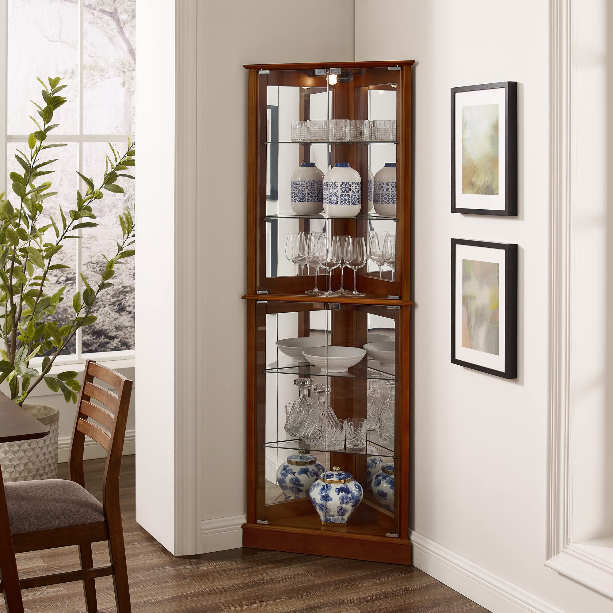 Corner Curio Dispaly Cabinet with Lights, Adjustable Tempered Glass Shelves, Mirrored Back,Walnut(E26 light bulb not included)