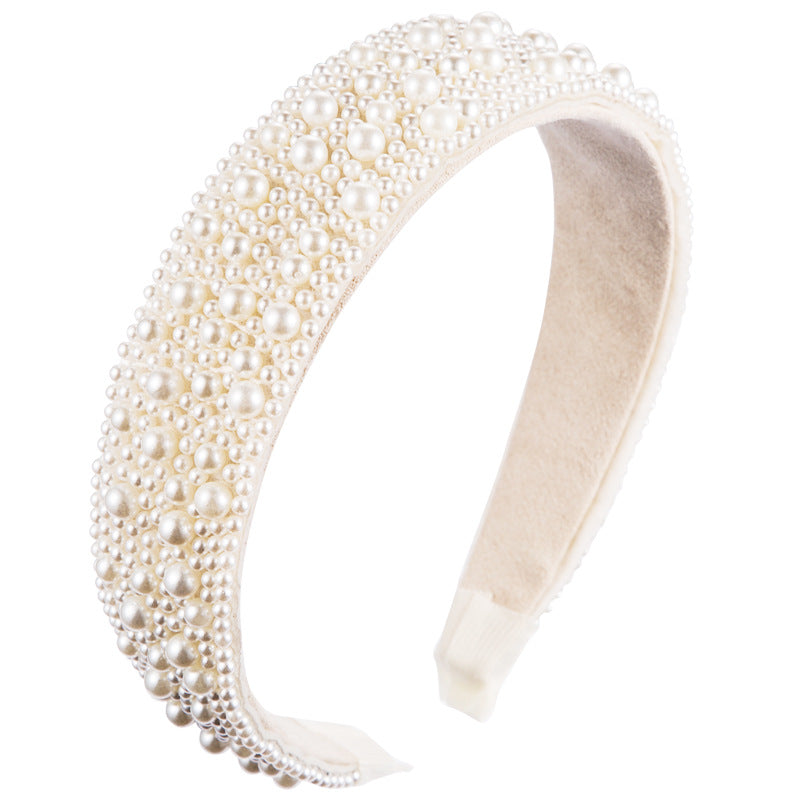 Trend Light Luxury Pearl Headband Hair Accessories Bride Retro Headwear Hand-Sewn Sponge Wide-Brimmed Headband