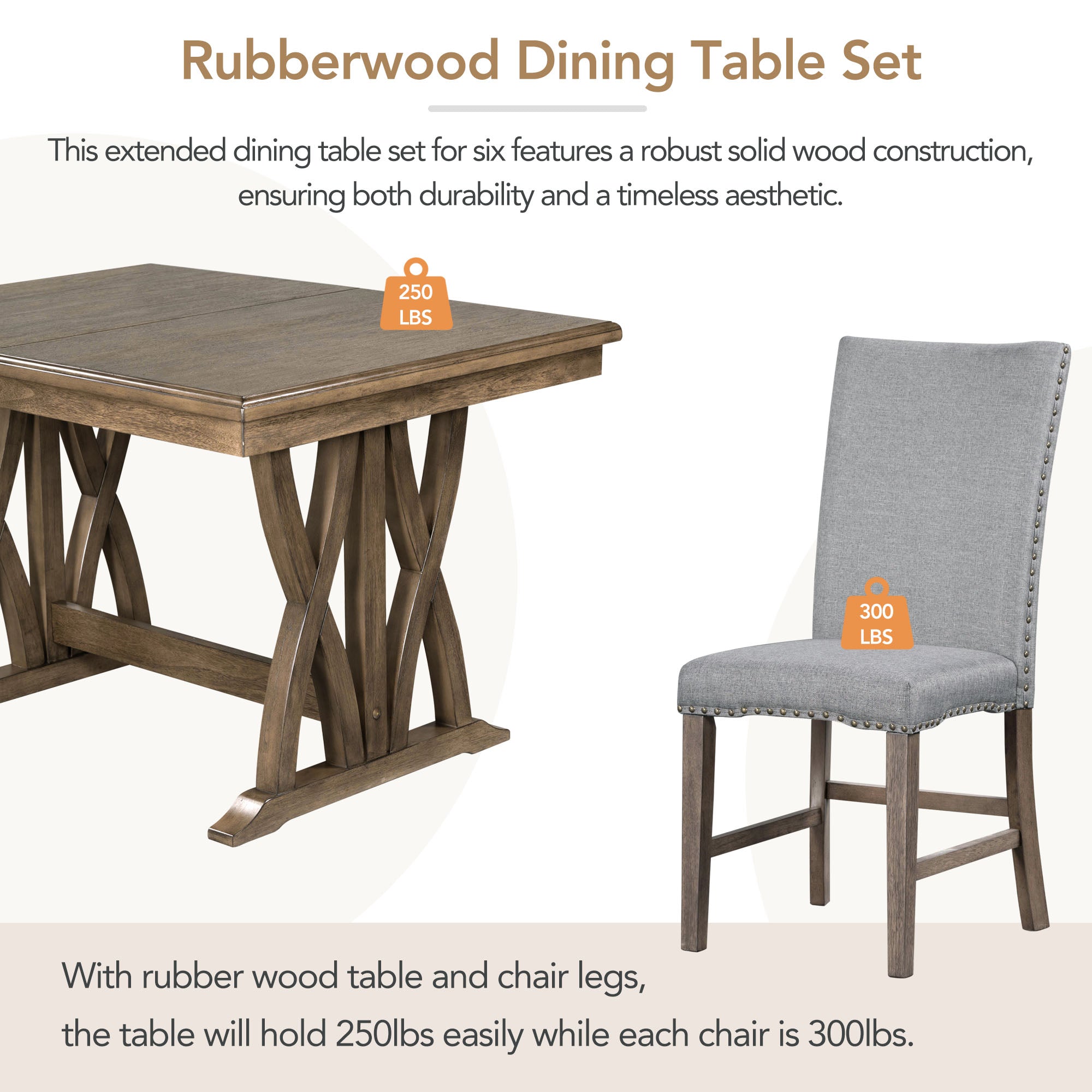 TOPMAX Mid Century Solid Wood 7-Piece Expandable Dining Table Set with Soft Cushioned Chair, Gold Brown+Gray Cushions
