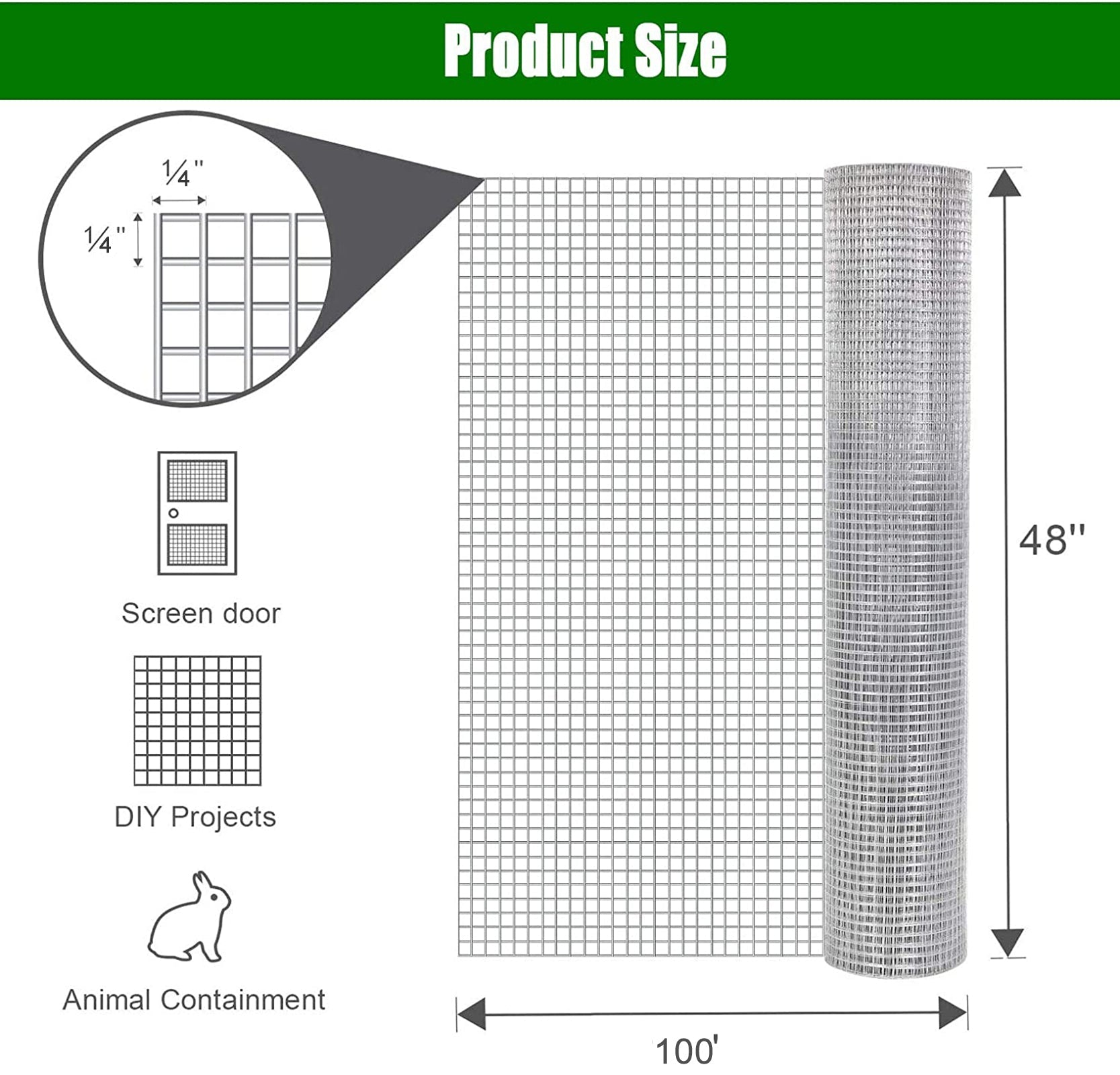 Hardware cloth 1/4 inch 48 inch x 100 foot 23 gauge, hot-dip galvanized welded metal wire fence roll