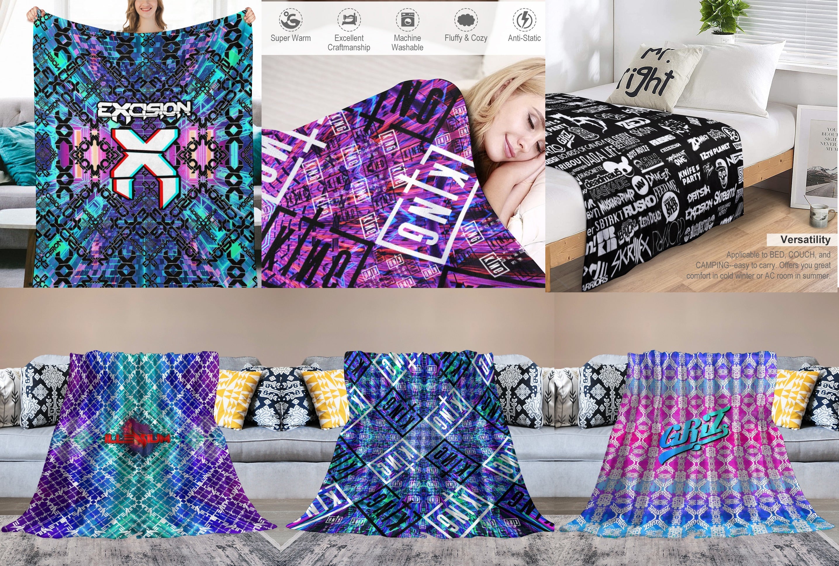 Custom EDM Artists Ultra-Soft Flannel Blanket for Camping Festival Rave in Multiple Sizes