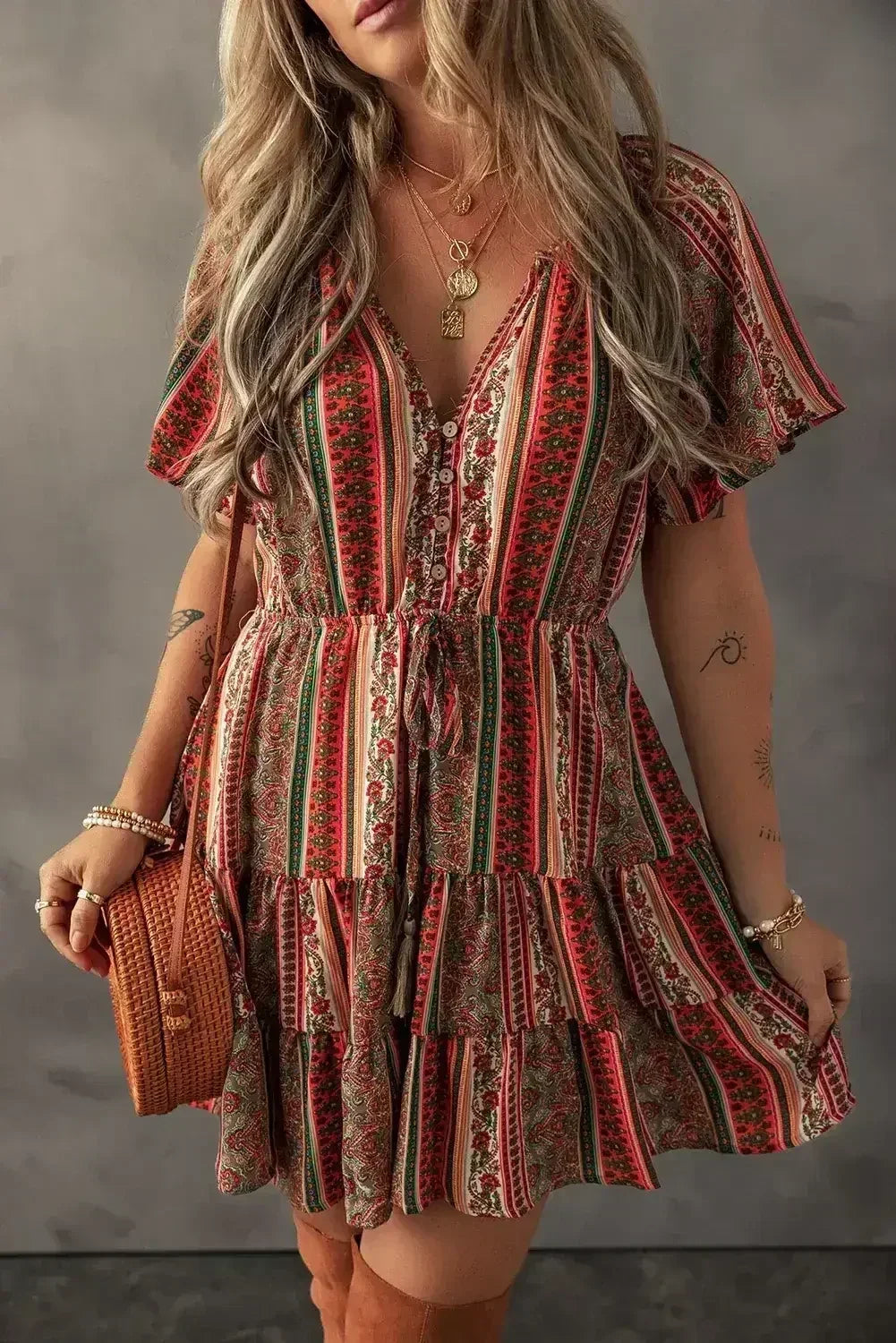 Red Bohemian Floral Print Buttoned V Neck Ruffle Tiered Dress