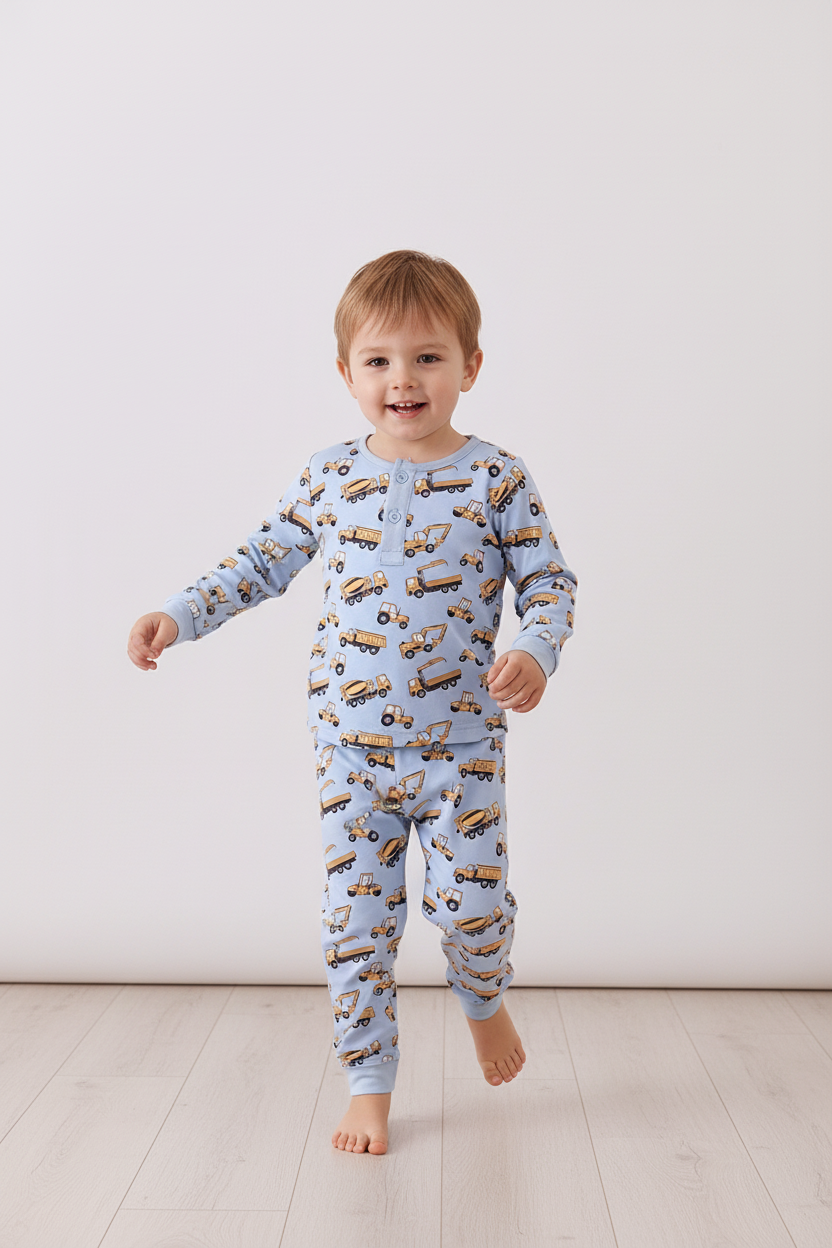 Premium blue excavator print bamboo pants set