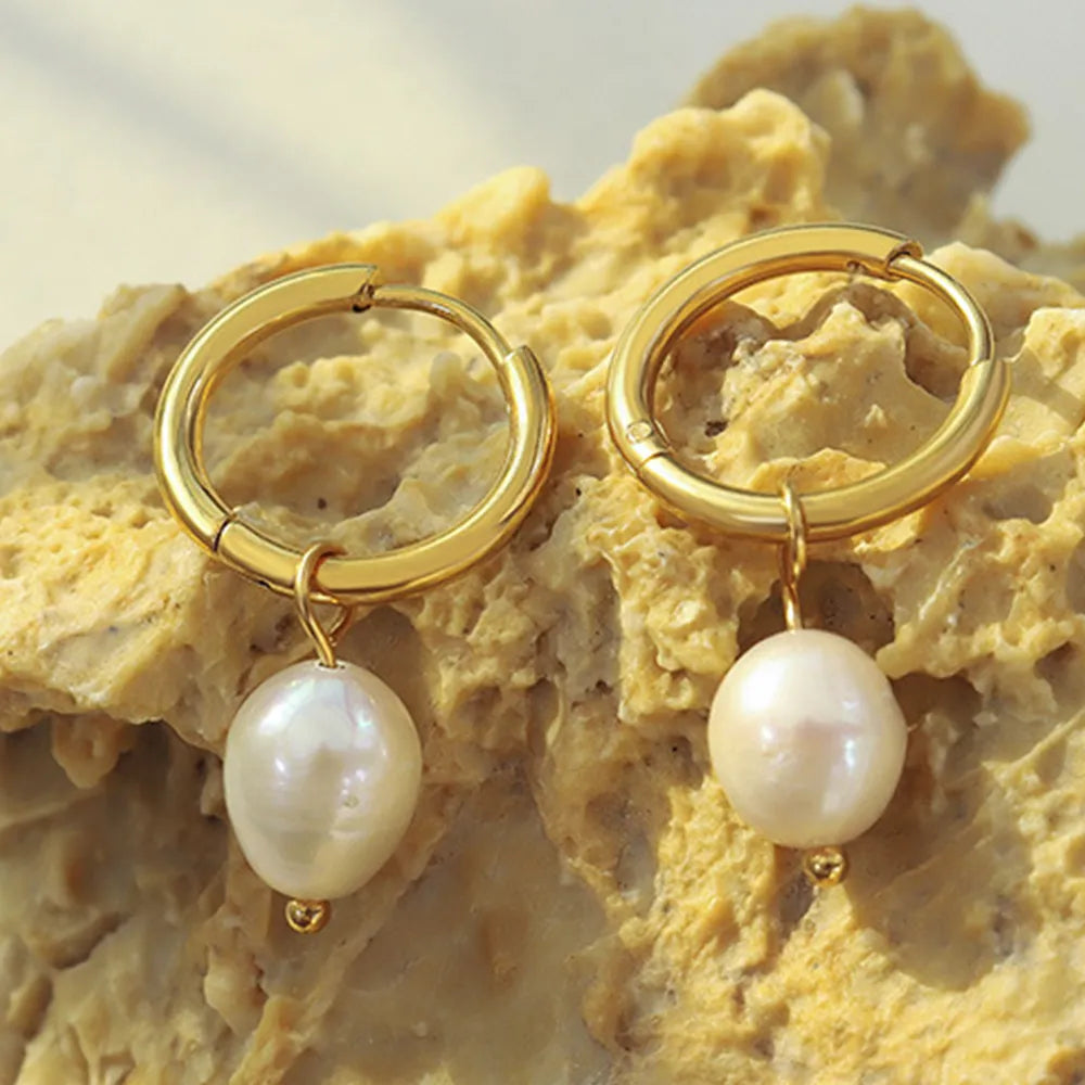 Retro earrings freshwater pearl ring earrings titanium steel 18K plated with real gold jewelry