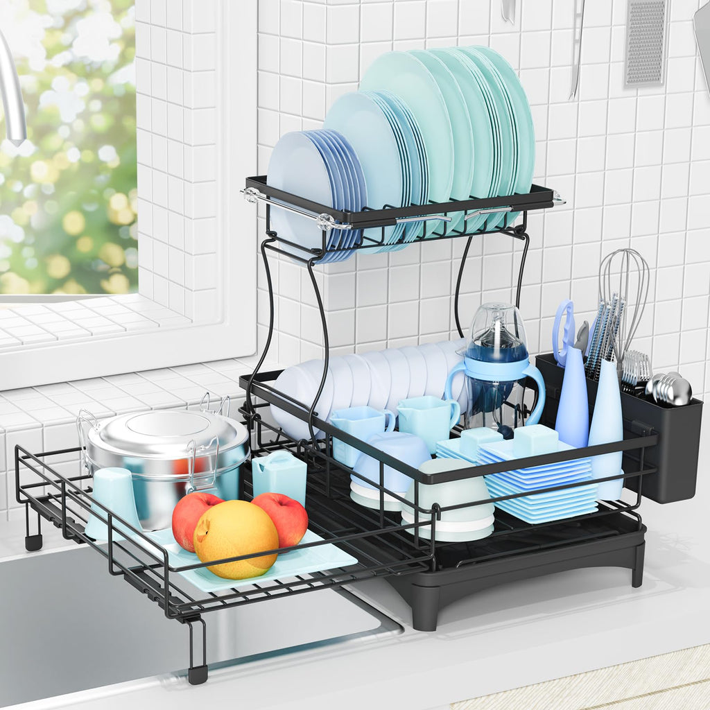 Gtyasm Extendable 2Tier Dish Drying Rack Drainboard & Cutlery Holder Black Large