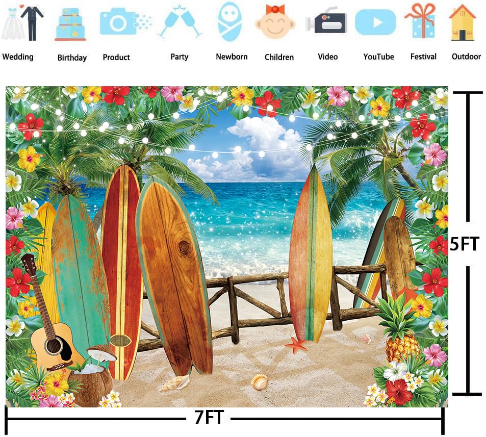 TJSWYADGS Summer Hawaiian Beach Backdrop Tropical Flower Palm Leaves 7x5FT
