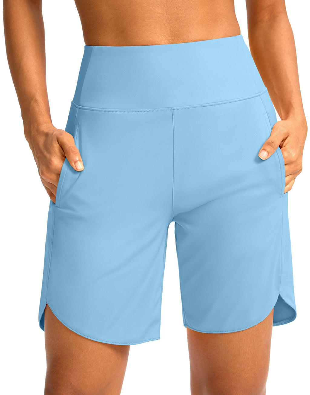 Soothfeel Women's 7" Athletic Running Shorts High Waisted Pockets Light Blue XL