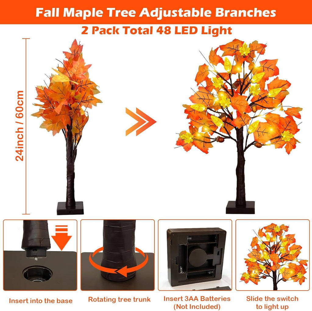 SURCVIO 2 Pack 24in Prelit Fall Maple Tree Decorations 48 LEDs Timer Battery