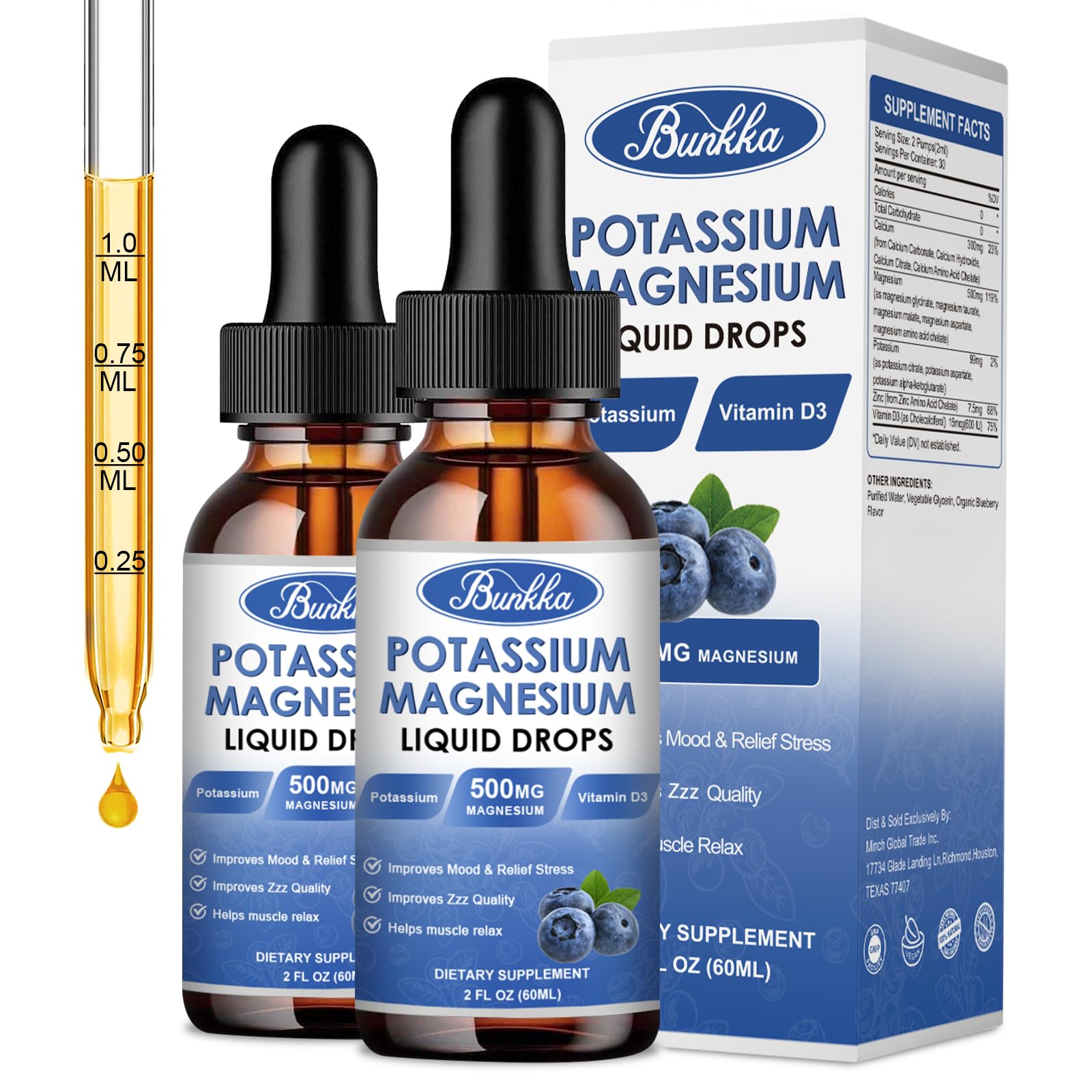 BestBy03/27 Bunkka Liquid Potassium Magnesium Calcium Zinc D3 2 Pack Blueberry