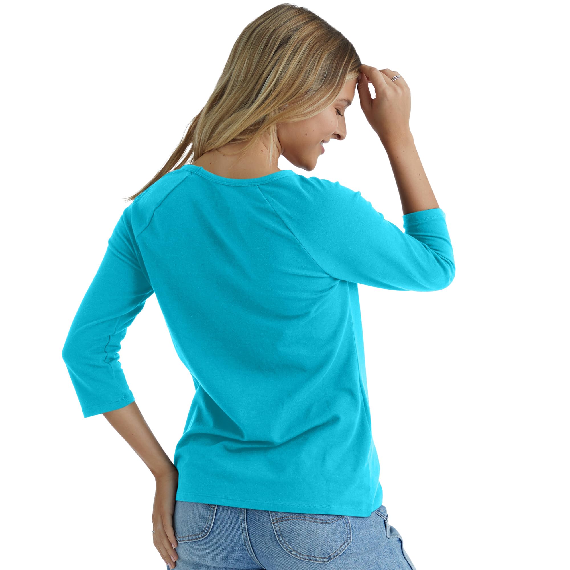 Hanes Womens Stretch Cotton Raglan Sleeve Tee Shirt Flying Turquoise Size S