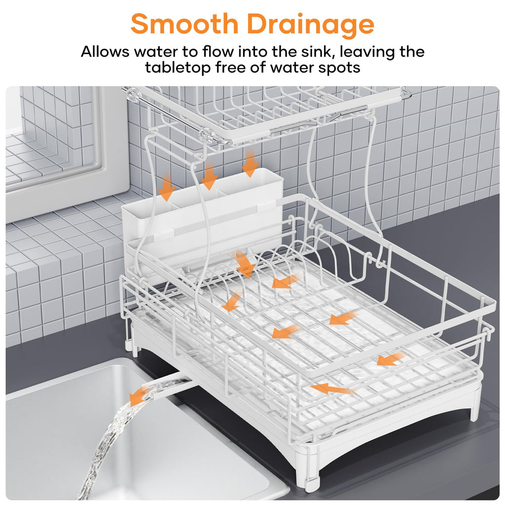 Gtyasm Extendable 2 Tier Dish Drying Rack Drainboard Cutlery Holder White Large
