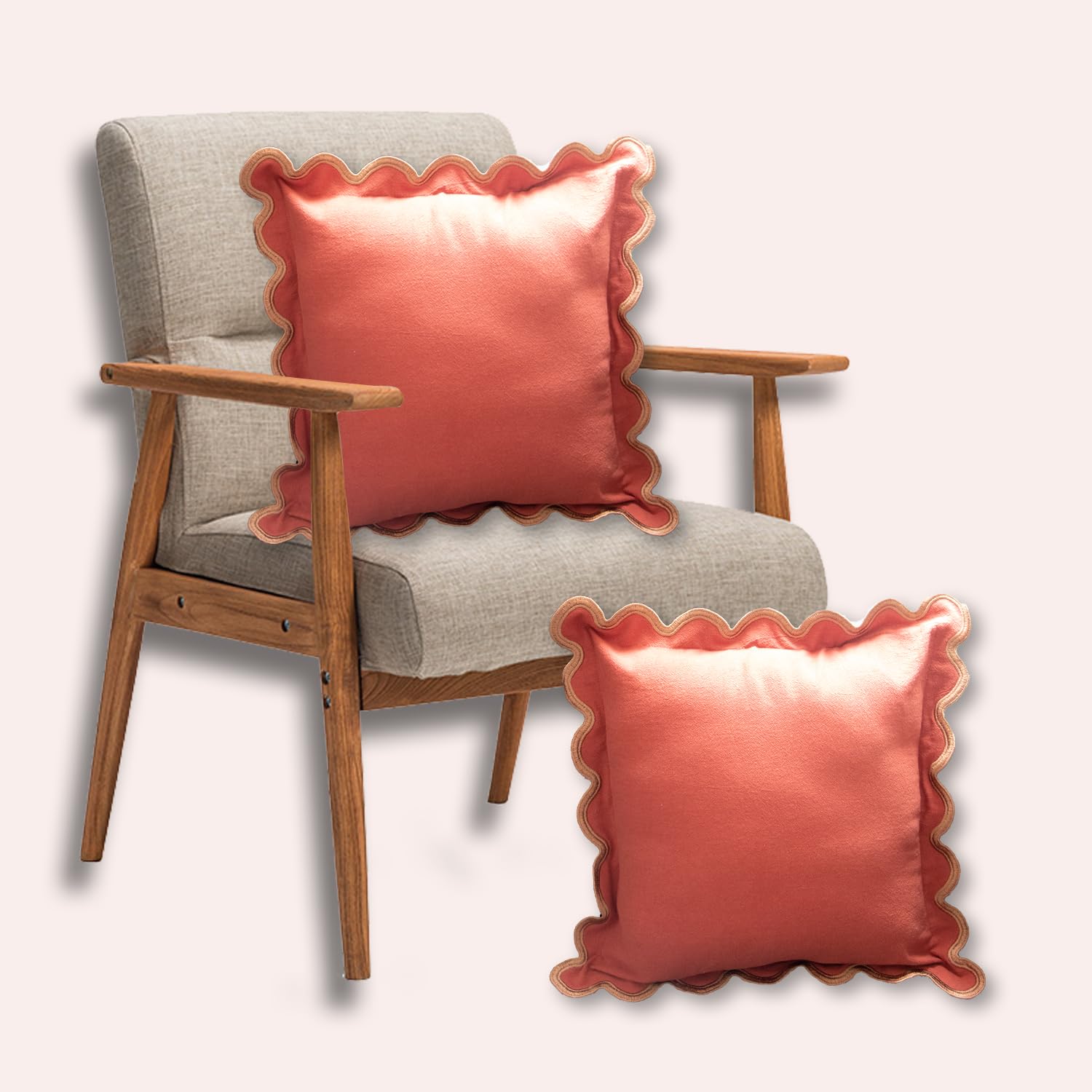 MIKI WELL 16x16in Scalloped Cotton Linen Pillow Covers Set of 2 Grayish Orange