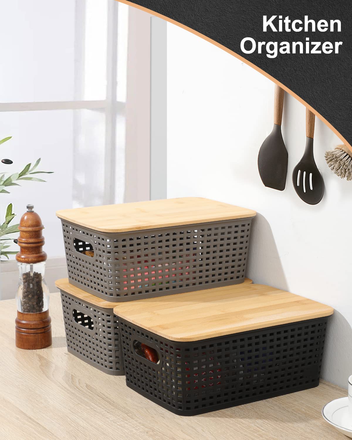 AREYZIN Storage Bins with Bamboo Lids Set of 6 Black Plastic Organizer