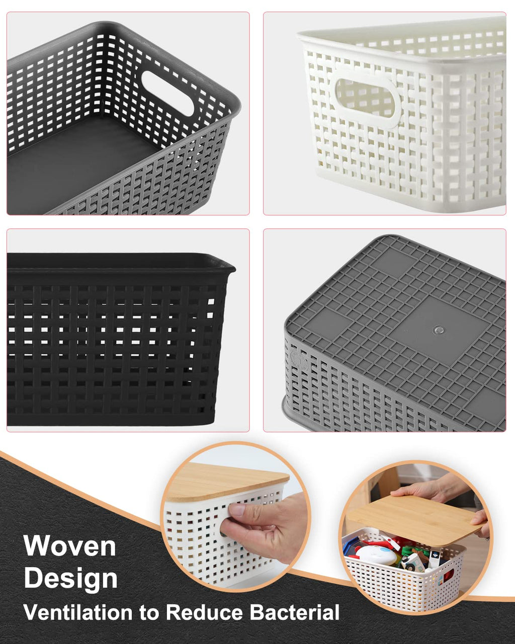 AREYZIN Storage Bins with Bamboo Lids Set of 6 Black Plastic Organizer