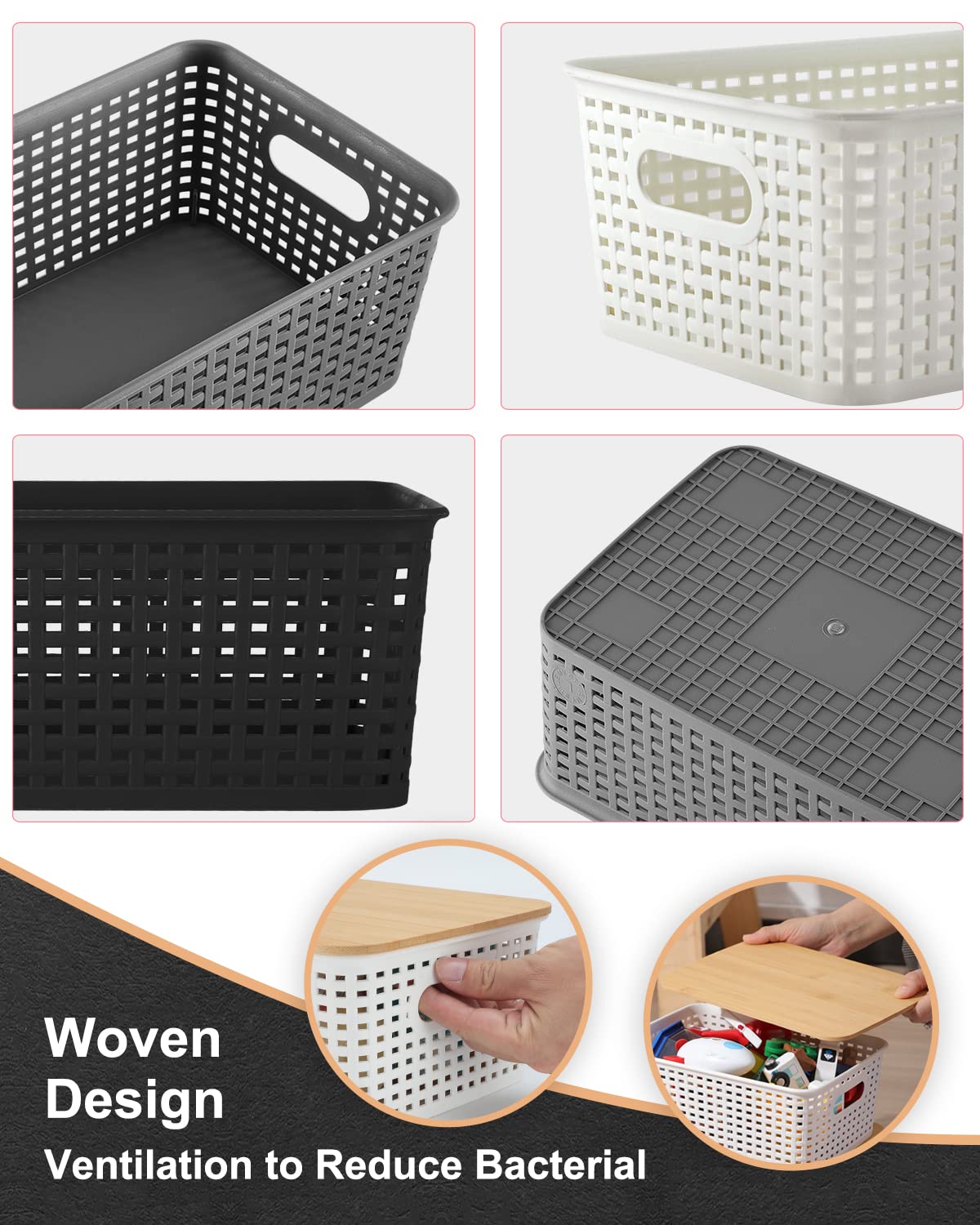 AREYZIN Storage Bins with Bamboo Lids Set of 6 Black Plastic Organizer