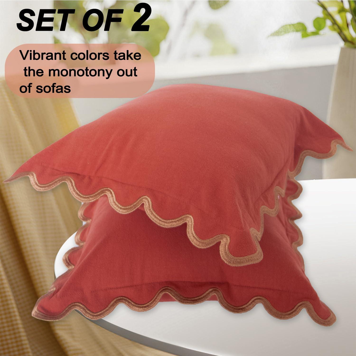 MIKI WELL 16x16in Scalloped Cotton Linen Pillow Covers Set of 2 Grayish Orange