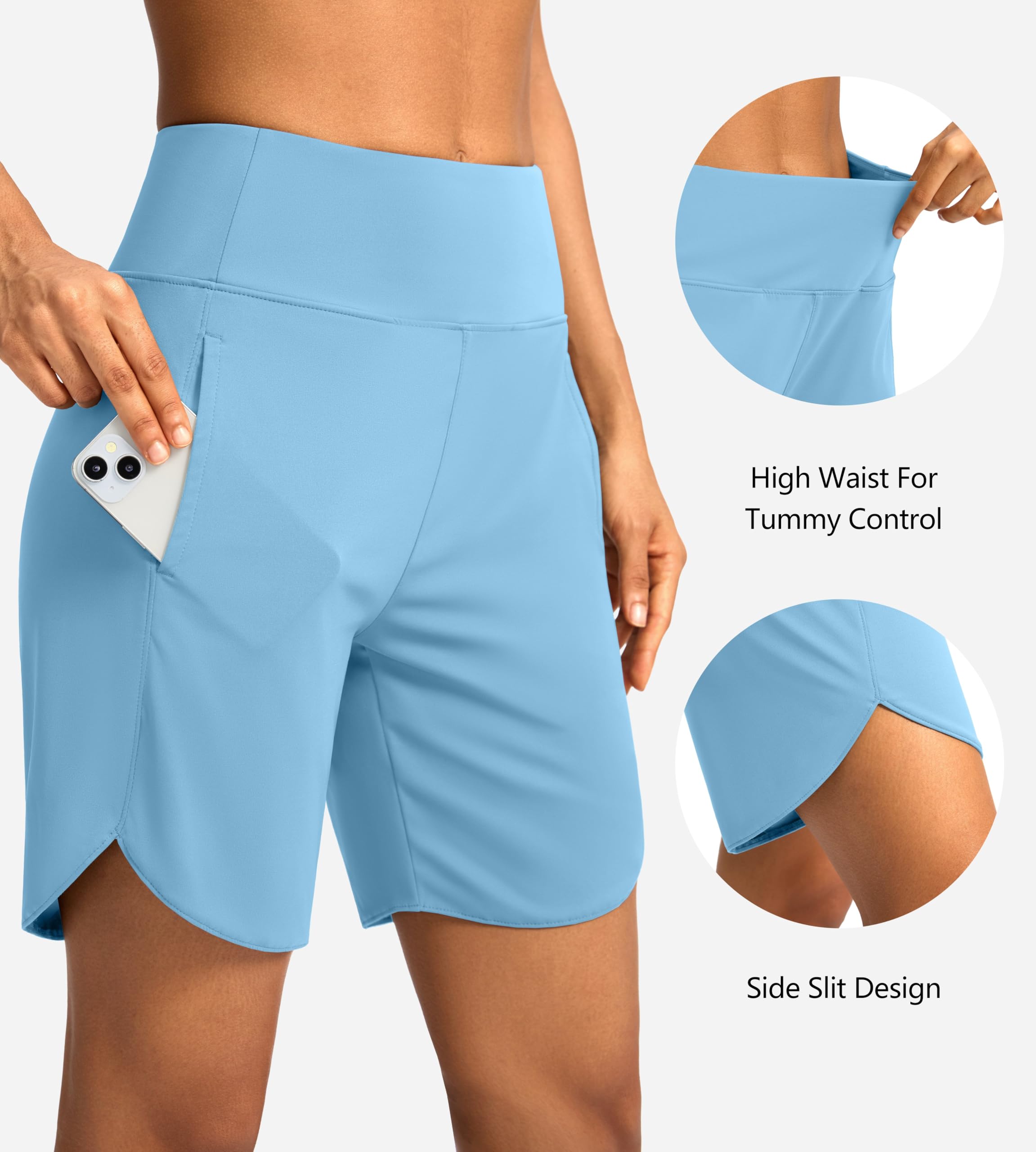 Soothfeel Women's 7" Athletic Running Shorts High Waisted Pockets Light Blue XL