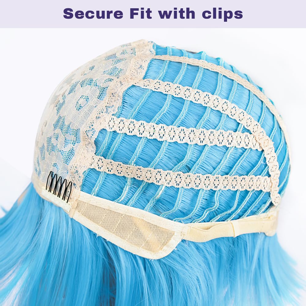 BATISI 12in Short Straight Bob Wig Neon Blue Synthetic Flat Bangs