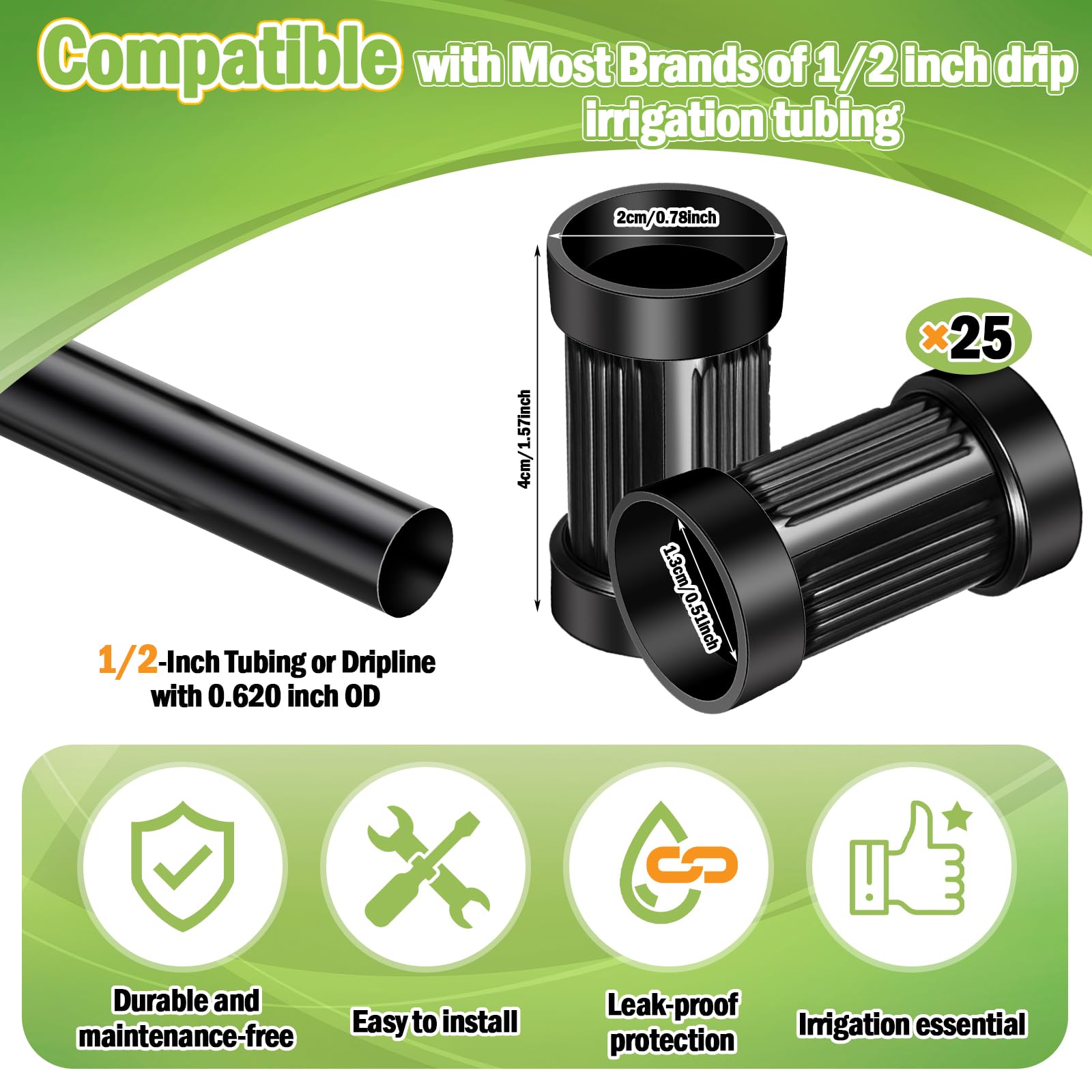 Pangda 25 Pack 1/2" PVC Compression Coupling Drip Irrigation Black