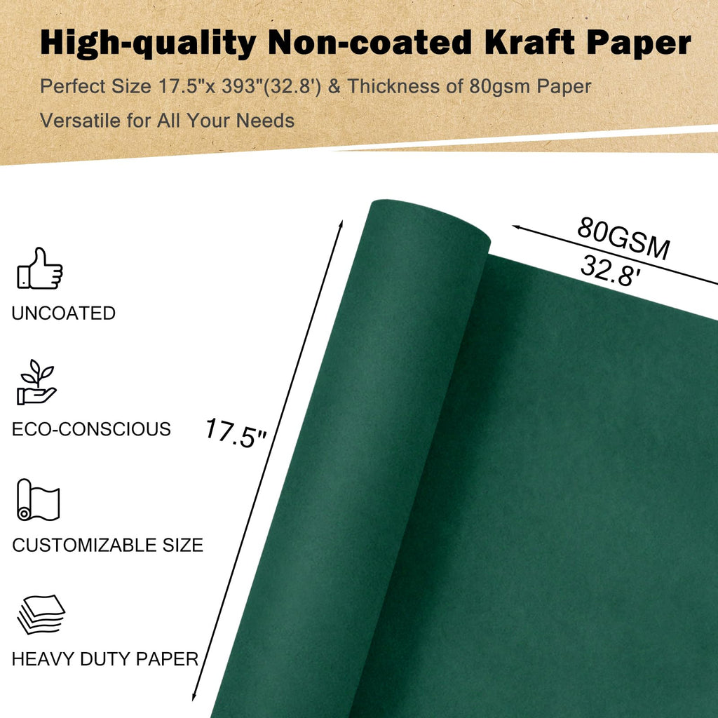 RUSPEPA Dark Green Kraft Wrapping Paper Roll 17.5x393in 80GSM Recyclable