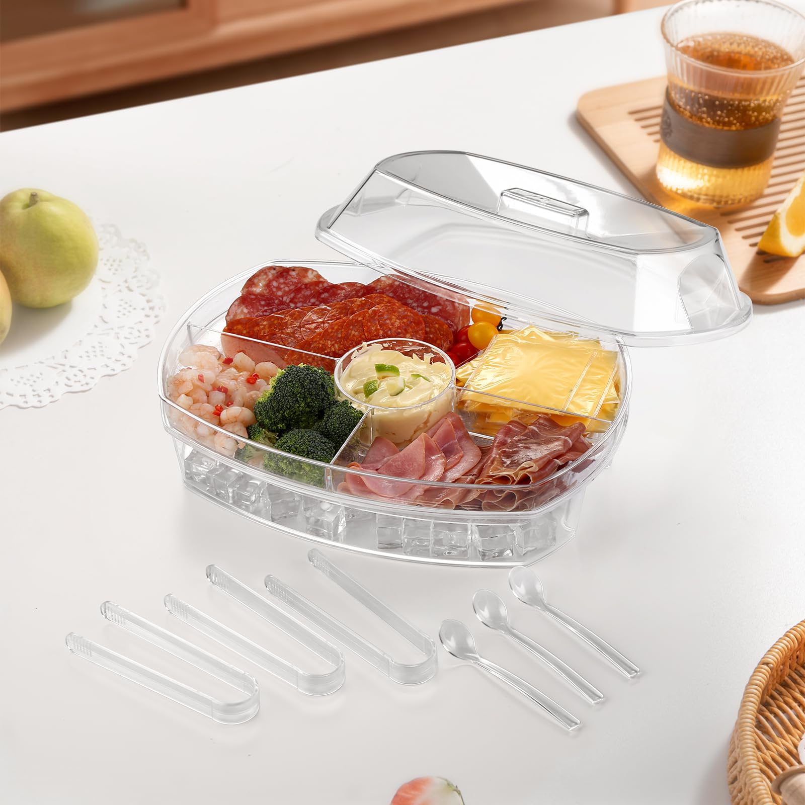 BETSO Serving Tray on Ice Chilled Food Bowl with Lids Compartments Clear