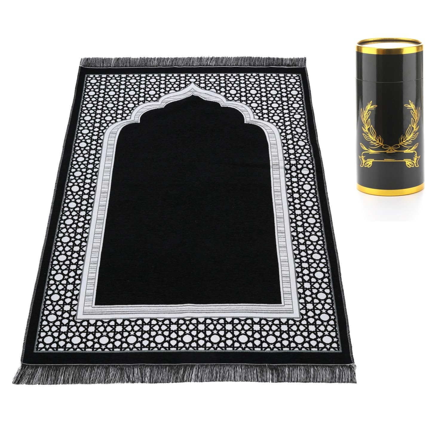Muslim Prayer Rug Set with Beads & Cylinder Chenille Ramadan Mat 27.5x43.3 Inch