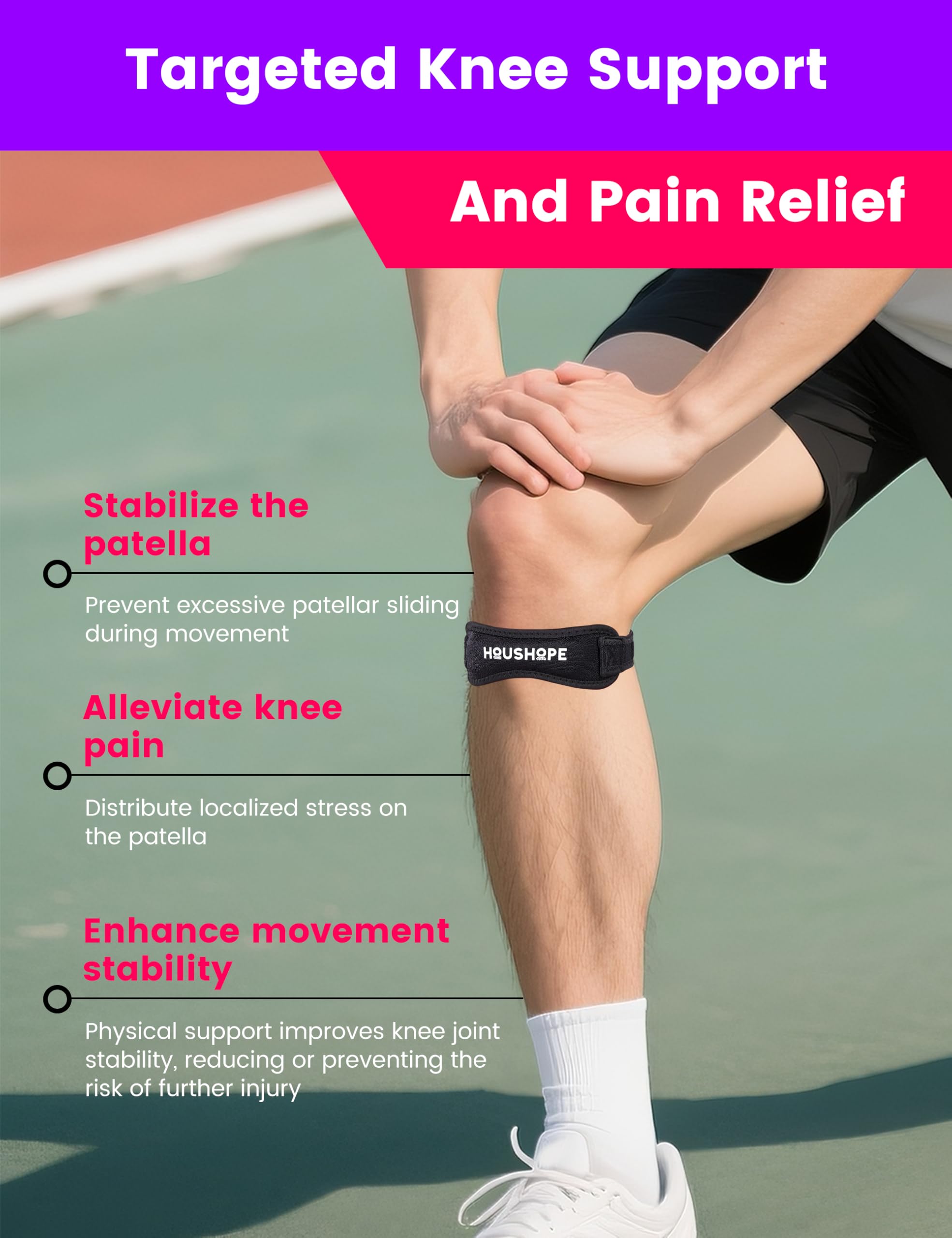 HOUSHOPE Patella Tendon Knee Strap 2Pack Adjustable Stabilizer Band One Size